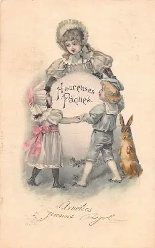 L110 Ostergrüße 1903 Kinder tanzen Hasen Ei Postkarte