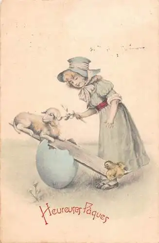 L110 Ostergrüße 1911 Mädchen spielt Lamm Vogel Ei Fantasy Vintage Postkarte