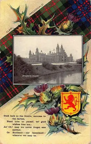 L241 Schottland Tartan Pflanzen Wappen Kunstgalerien Glasgow Gedicht Postkarte