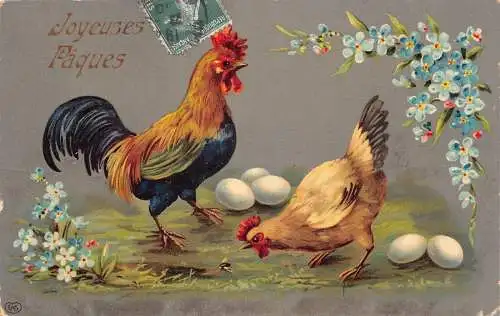 L110 Ostergrüße Frankreich 1910 Vergissmeinnicht Blumen Henne Hahn Eier Postkarte