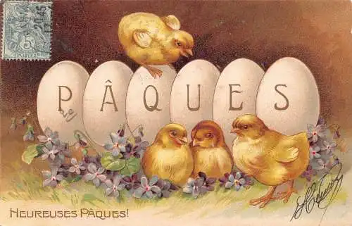 L110 Ostergrüße Frankreich 1906 Küken Blumen Eier Prägepostkarte