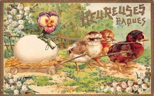L110 Ostergrüße Frankreich 1907 Küken Blumen Eierwagen Prägepostkarte