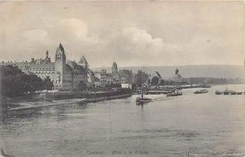 L024 Deutschland Koblenz Blick von Brücke Dampfschiff Vintage Postkarte