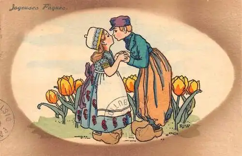 L110 Ostergrüße Frankreich Tulpen Blumen Jugendliche küssen RJW signierte Postkarte