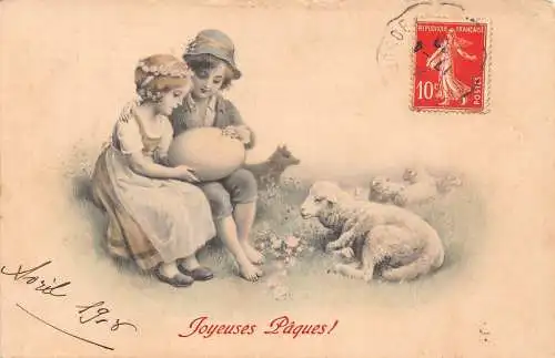 L110 Ostergrüße Frankreich 1908 Kinder Riesenei Schafe Vintage Postkarte