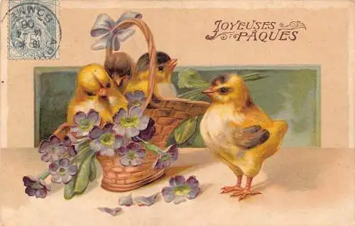 L110 Ostergrüße Frankreich 1906 Küken Korb Blumen geprägt Postkarte