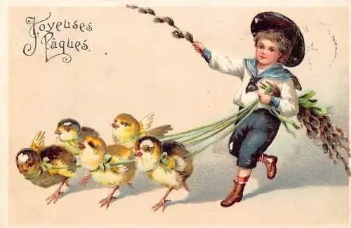 L110 Ostergrüße Frankreich Junge geht Küken geprägt Vintage Postkarte
