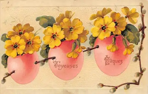 L110 Ostergrüße Frankreich 1907 Blumen Eier Prägepostkarte