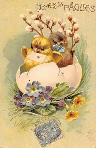 L110 Ostergrüße 1907 Küken Ei Blumen Stiefmütterchen geprägt Vintage Postkarte