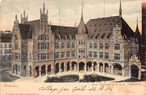L024 Deutschland 1903 Wiesbaden Chromo Litho Neues Mädchen Schulgarten Vintage Postkarte