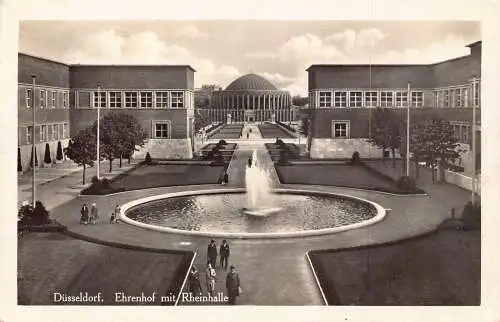 A169 Deutschland 1938 Düsseldorf Ehrenhof Mit Rheinhalle Brunnen Vintage Postkarte