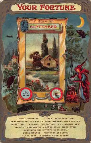 L484 Your Fortune September Owl Sternzeichen geprägte Vintage Postkarte