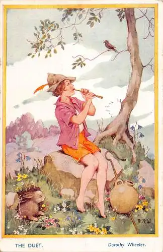 L484 Woodland Secrets Fantasy Junge Flöte Vogel Kaninchen von Dorothy Wheeler Postkarte