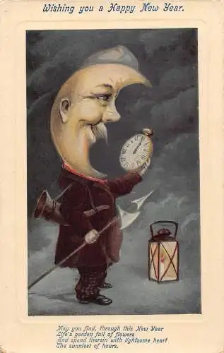 L484 Humanisierter Mond mit Uhr und Laterne Neujahr Vintage Postkarte