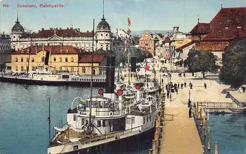 A170 Deutschland 1911 Konstanzer Hafenpartie Hafen Dampfschiffe Vintage Postkarte