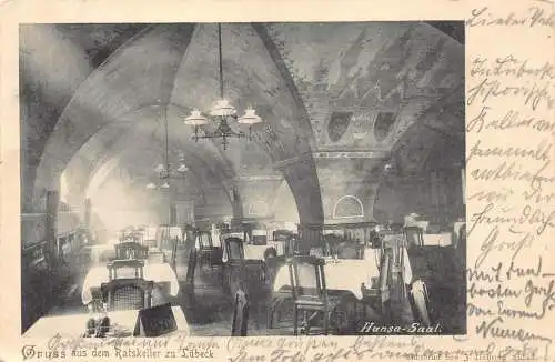 A174 Deutschland 1904 Gruss aus Ratskeller zu Lübeck Hansa Saal Restaurant Postkarte