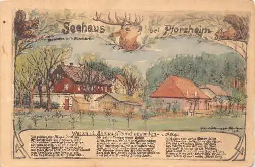 A175 Deutschland Seehaus b Gasthof Pforzheim Gedicht Eichhörnchen Hirsch Kunst Postkarte