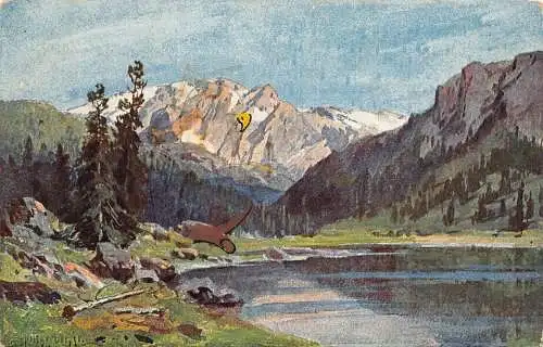 A761 Schweiz Landschaft Splitgerber Kunst Berge Bäume See Vintage Postkarte