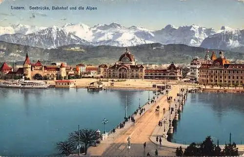A761 Schweiz 1925 Luzern Luzern Brücke Bahnhof Alpen Berg Postkarte