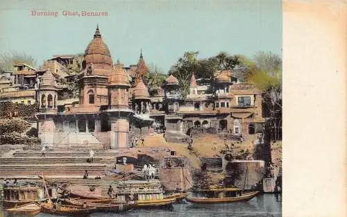 A005 Indien Benares Brennende Ghat Boote Tempel Vintage Postkarte