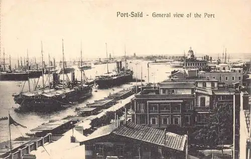 A763 Ägypten Port Said Gesamtansicht Hafen Dampfschiffe Vintage Postkarte