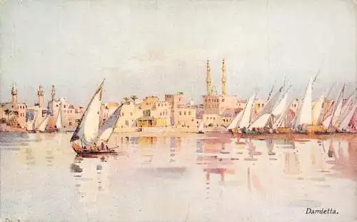 A763 Ägypten Damietta Kunst von Ella du Cane Segelboot Vintage Postkarte