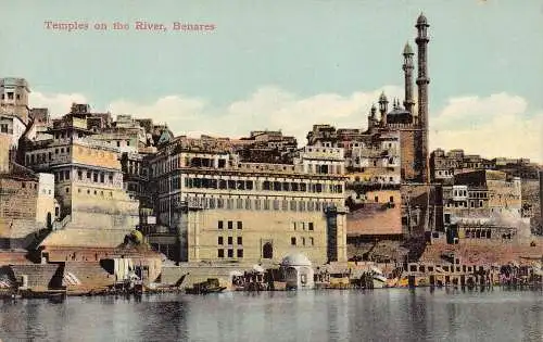 A005 Indien Benares Fluss, Tempel Vintage Postkarte