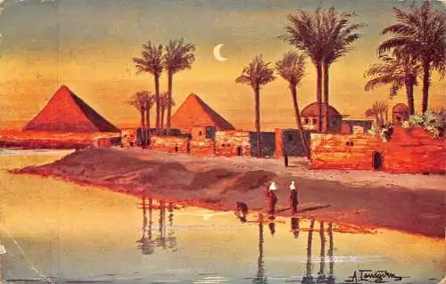 A764 Ägypten 1904 Große Pyramiden bei Mondschein Kunst Vintage Postkarte