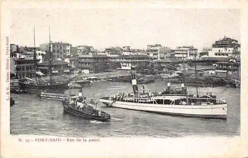 A764 Ägypten Port Said Rue de la Poste Dampfschiffe Vintage Postkarte