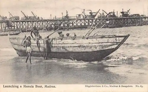 A004 Indien Madras starten eine Masula Bootsbrücke Vintage Postkarte
