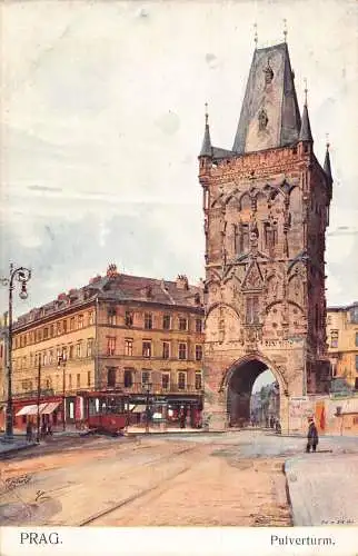A002 Tschechien Prag Pulverturm Turm Gemälde signierte Postkarte