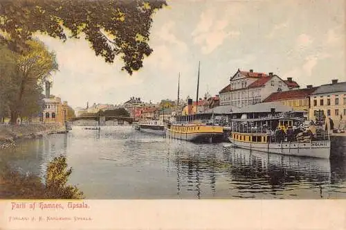 A001 Schweden Parti bei Hamnen Upsala Dampfschiffe Fluss Vintage Postkarte