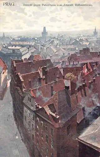 A002 Tschechien Prag Pulverturm vom Altstaedt Turm Gemälde signierte Postkarte