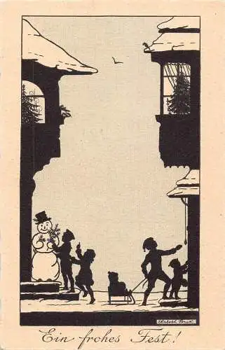 L394 Liebe Grüße Silhouetten Schneemann Kinder Forck signierte Postkarte