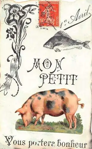 L394 Liebe Grüße 1909 Schwein Fisch Aprilscherz Glück Postkarte