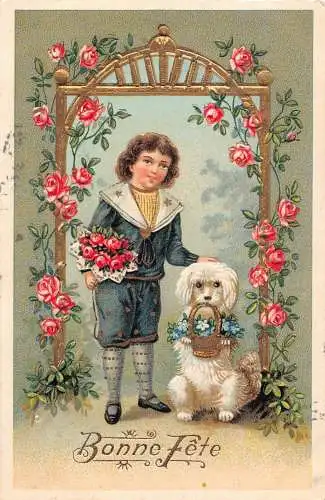 L394 Liebe Grüße 1912 Junge Hund Blumen Rosen Präge Postkarte