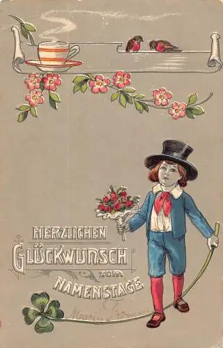 L394 Liebe Grüße 1911 Junge Blumen Kleeblatt Vogel Glück Prägepostkarte