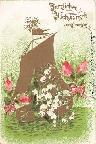 L394 Geburtstagsgrüße 1906 Blumen Maiglöckchen Boot Prägepostkarte