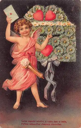 L394 ValentinstagGrüße 1908 Blumen Amor Herzen Brief geprägt Postkarte