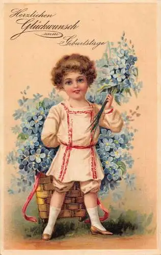 L394 Herzliche Grüße 1909 Junge Korb voller Blumen geprägte Postkarte