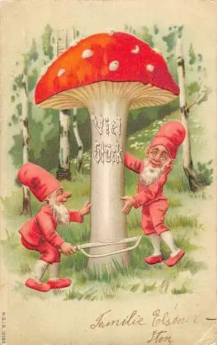 L394 Liebe Grüße 1902 Zwerge schneiden Riesenpilz geprägt Postkarte