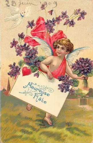 L394 Gruß 1909 Blumen Amor weiße Taube geprägte Postkarte