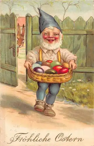 L394 Ostergrüße 1929 Zwergenkorb Eier Hase Vintage Postkarte