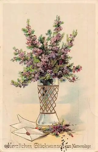 L394 Namenstag Grüße 1914 Blumen Vase Brief Postkarte