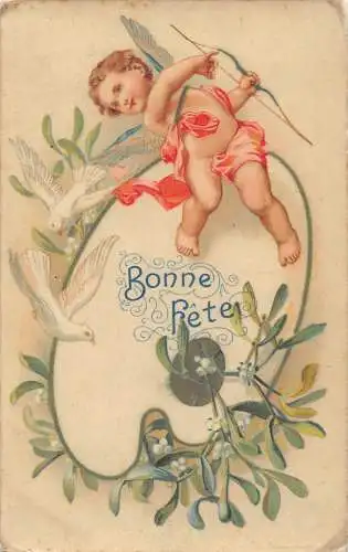 L394 Liebe Grüße Amor Cherub Mistel weiße Tauben Postkarte
