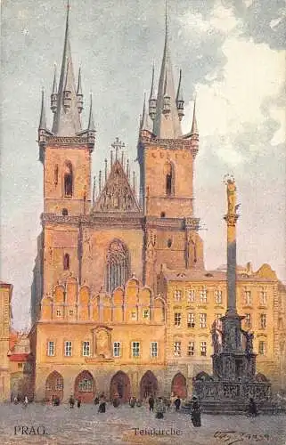 A002 Tschechien Prag Teinkirche Kirche Gemälde signierte Postkarte