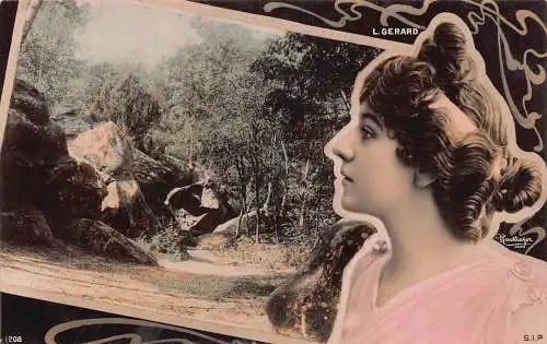 A768 Französische Schauspielerin Lucy Gerard Steckbrief Portrait und Querformat Postkarte
