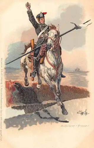 L057 Deutschland Husar Kavallerie Soldat Uniform signiert Litho Vintage Postkarte