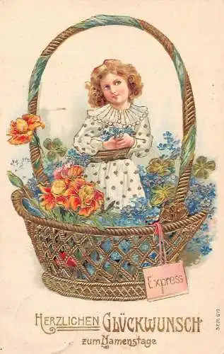 L394 Namenstag Grüße 1907 Mädchen Korb voller Blumen geprägte Postkarte