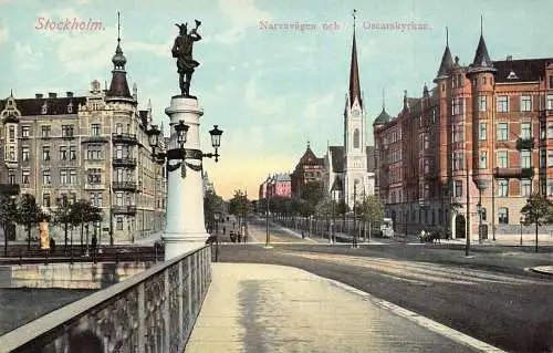 A001 Schweden Narvavaegen och Oscarskyrkan Vintage Postkarte